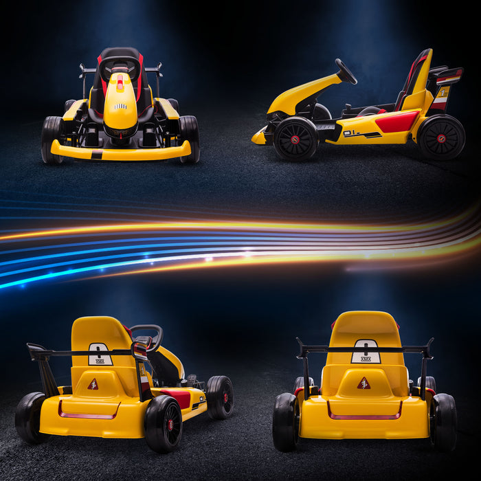 Electric Go-Kart for Kids - Adjustable Footrest, Reversible Steering, 12V Rechargeable Battery, Dual-Speed Racing Kart in Yellow - Perfect Ride-On for Young Racers