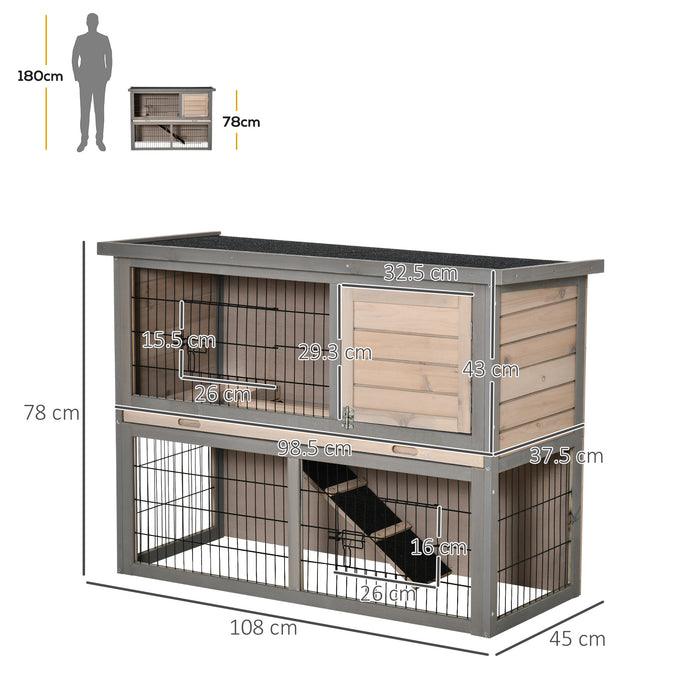 Bunny Haven Hutch - Small Animal Cage with Easy-Clean Sliding Tray, Outdoor Run, and Accessible Top, Includes Ramp - Ideal for Indoor/Outdoor Rabbit Care, Grey, 108x45x78cm