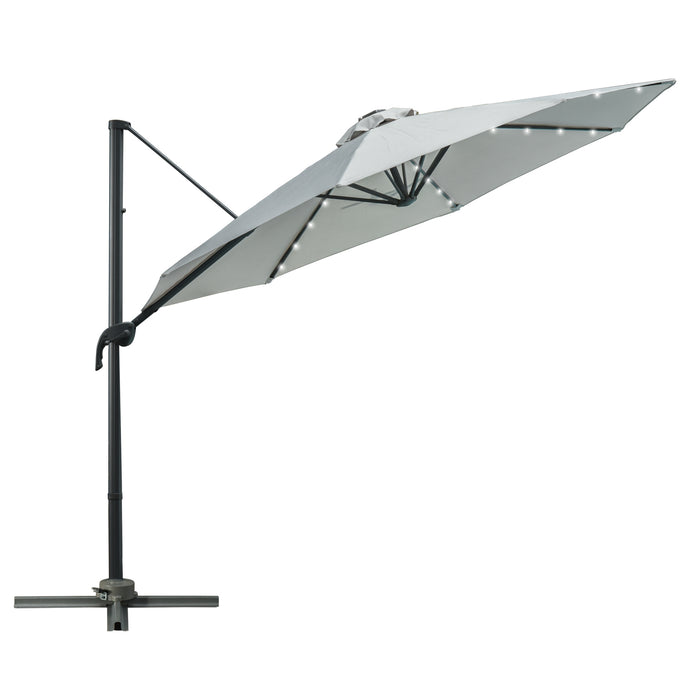 Cantilever Roma 3m Umbrella - LED Solar-Lit Patio Sunshade with Cross Base, 360° Rotation - Ideal for Outdoor Relaxation and Nighttime Ambiance