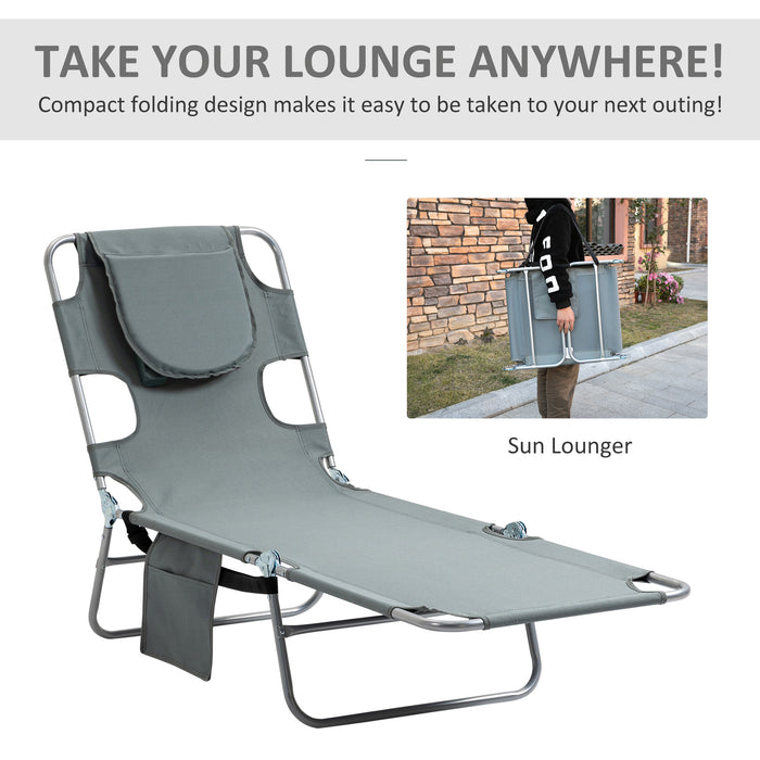 Portable Beach Chaise Lounge with Face Hole & Armrests - Sunbathing Recliner with 5 Adjustable Positions, Grey - Ideal for Poolside Relaxation & Tanning Sessions