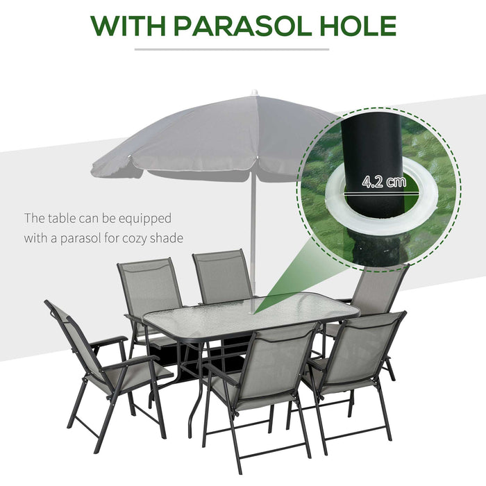 7-Piece Garden Patio Dining Set - Steel Frame, Foldable Chairs, Glass Tabletop, Texteline Seating with Black & Grey Cushions - Ideal for Outdoor Entertaining and Relaxation