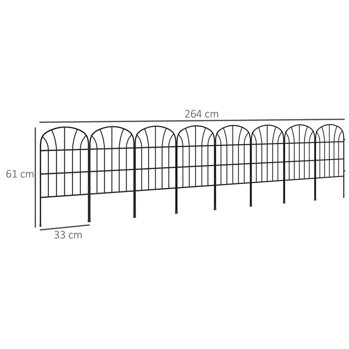 Outdoor Metal Picket Fence Panels in Black - Decorative Set of 8 Pieces - Ideal for Garden and Yard Boundaries