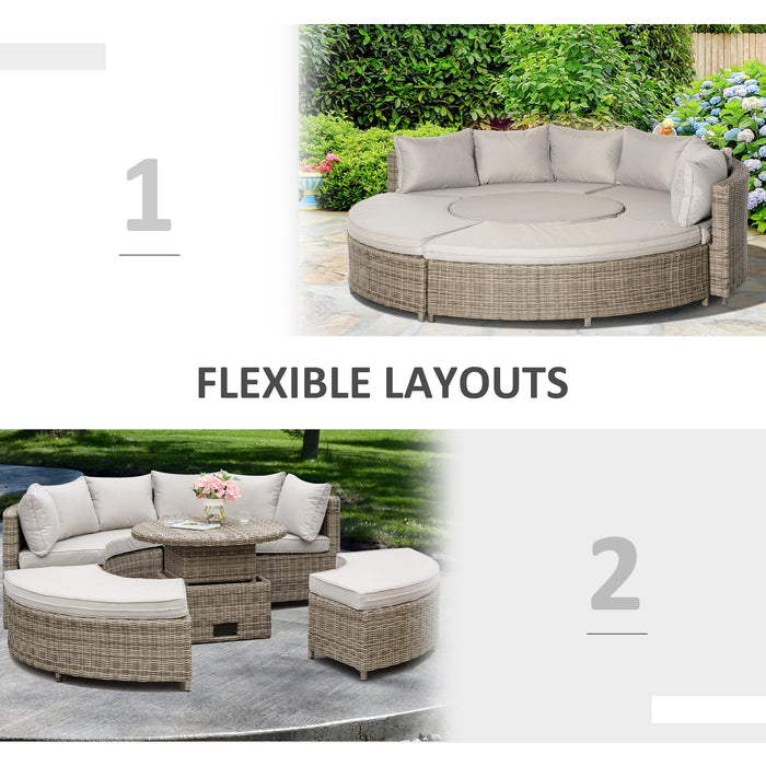 Outdoor Rattan Daybed and Lounge Set - 6-Seater PE Rattan Furniture with Liftable Coffee Table, Olefin Cushions - Ideal for Patio Socializing and Relaxation