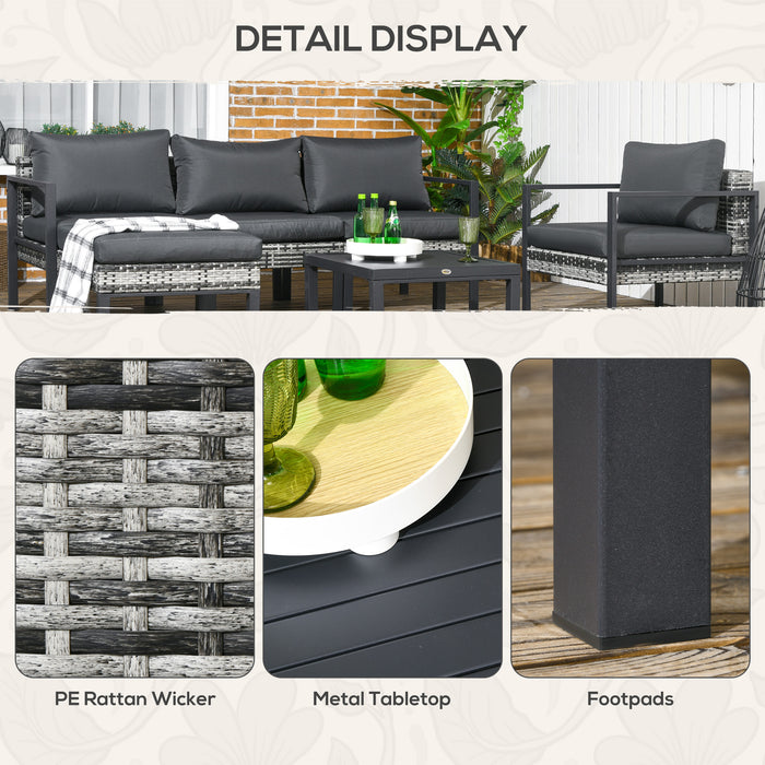 Outdoor Patio Seating Combo - 6-Piece Set with Sofa, Armchair, Stool & Metal Table, Charcoal Grey Cushions - Ideal for Garden and Backyard Lounging