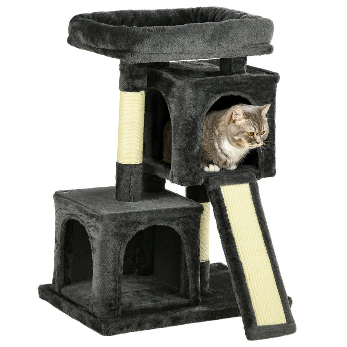 3-Tier Cat Leisure Tree with Sisal Rope - Dark Grey Sturdy Play Tower for Felines - Ideal for Scratching, Climbing, and Relaxing