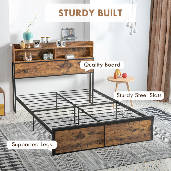 Double Industrial Bed Frame with Storage - 4.8FT Steel Base, Headboard, and Footboard - Ideal for Maximizing Bedroom Space, Rustic Brown, 145x209cm