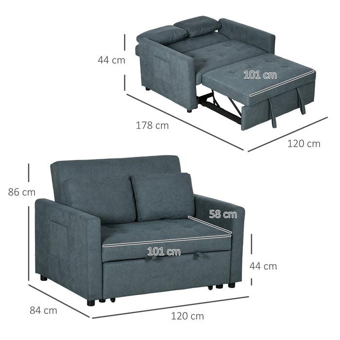 Convertible Loveseat Sofa Bed with Side Storage - Charcoal Grey Settee, 2 Comfy Cushions Included - Space-Saving Couch for Small Living Rooms or Guest Spaces