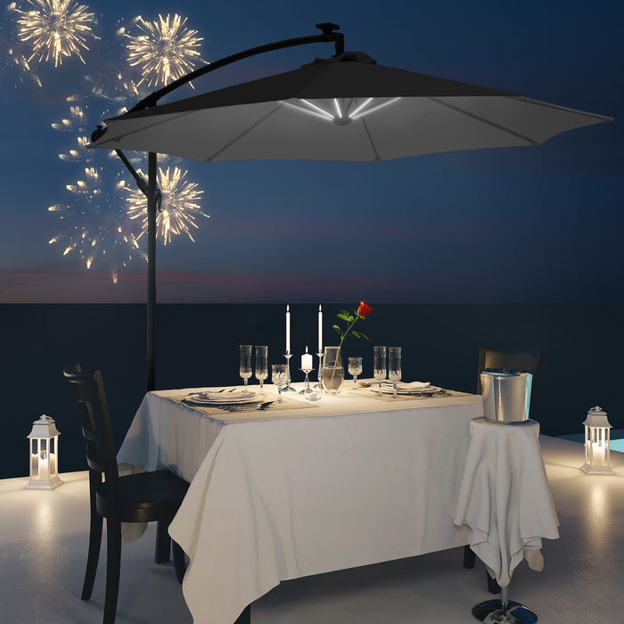 LED Solar-Lit Banana Parasol - 3m Cantilever Garden Umbrella with Crank Handle and Cross Base - Stylish Hanging Sunshade for Outdoor Relaxation