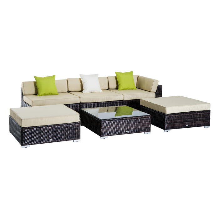 5-Seater Rattan Sofa Set with Coffee Table - Outdoor Sectional Wicker Weave Furniture, Garden & Conservatory Seating - Includes Pillow Cushions, Brown