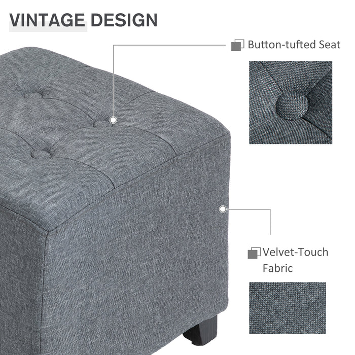 Linen-Look Ottoman with Button Tufting - Upholstered Square Footstool, Padded Wood Frame, Side Table Functionality - Stylish Grey Home Furniture for Living Room Comfort and Versatility