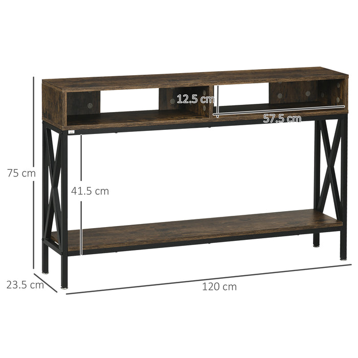 Rustic Brown Console Table with Metal Frame - Versatile Entryway Table with 3 Storage Compartments - Ideal for Living Room and Hallway Organization