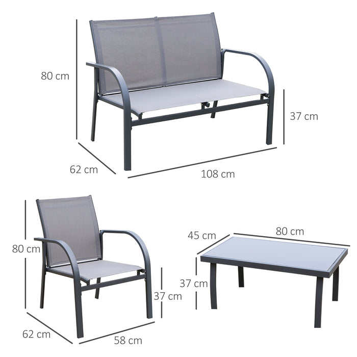 Curved 4-Piece Patio Conversation Set - Steel Frame with Grey Texteline Loveseat and Glass Top Coffee Table - Ideal for Outdoor Parties and Events