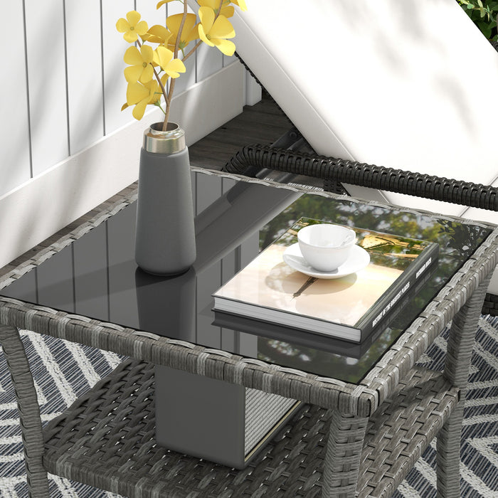 PE Rattan Wicker Coffee Table - 50cm Two-tier Outdoor Side Table with Glass Top - Ideal for Patio, Garden, Balcony in Grey