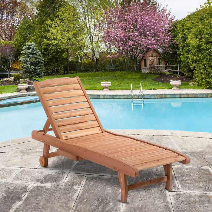 Outdoor Wooden Lounger with Built-In Table - Adjustable Backrest, Wheels, Red Brown Sun Bed - Perfect for Patio Relaxation and Sunbathing