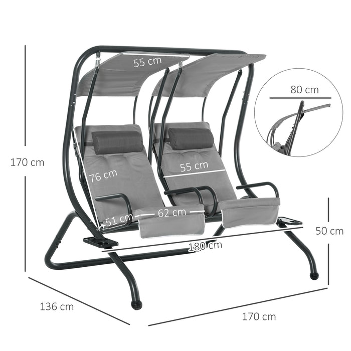 Double Seat Swing Chair - Contemporary 2-Person Garden Swing with Handrails, Headrests & Detachable Canopy in Grey - Outdoor Leisure & Comfort for Couples or Friends