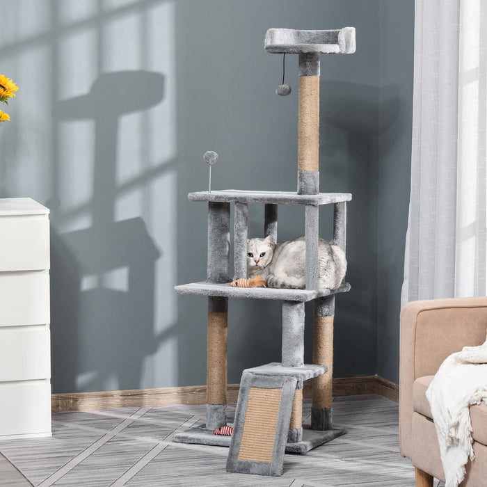 Cat Tree Tower 142cm - Climbing Kitten Activity Center with Scratching Post, Perch, Roomy Condo & Hanging Toy - Ideal for Playful Cats and Scratch Training