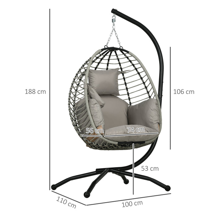 Outdoor Swing Chair with Cushioned Seat - Sturdy Metal Stand, Foldable Basket Design, Built-In Cup Holder - Comfy Hanging Lounger for Patio or Indoor Use, Grey