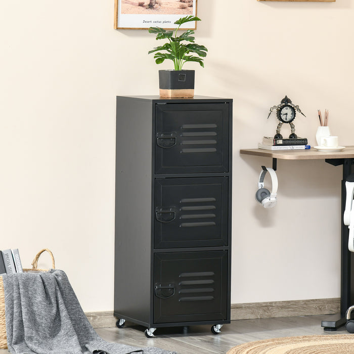 3-Tier Rolling Storage Cabinet - Mobile File Organizer with Wheels and Metal Doors for Home Office or Living Room - Space-Saving Solution for Document and Accessory Storage in Black