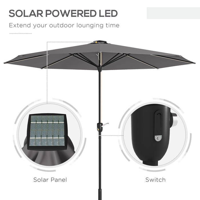 Solar-Powered LED Garden Parasol - Charcoal Grey Patio Umbrella with Crank Handle and Illumination - Perfect for Nighttime Outdoor Relaxation