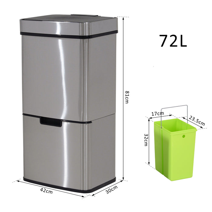 72L Recycling Sensor Bin - Stainless Steel, Touchless, 3-Compartment Separation for Wet/Dry Waste - Ideal for Home Kitchen Waste Management