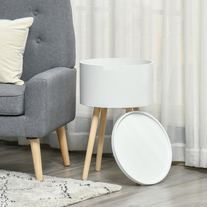 Round Modern Side Table with Removable Tray and Hidden Storage - Elegant Wood Frame Nightstand in White - Functional End Coffee Table for Living Spaces