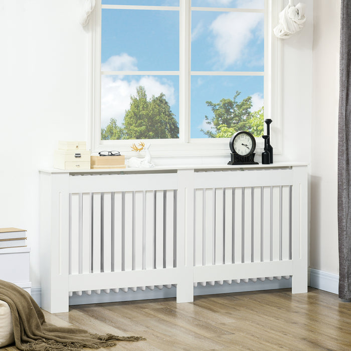 Modern White Slatted Radiator Cover - MDF Cabinet with Lined Grill Design, 172x19x81cm - Enhances Home Decor & Safety