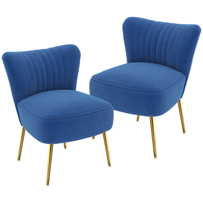 Elegant Dark Blue Accent Chair Duo - Upholstered Wingback Armless Design with Shiny Gold Steel Legs - Stylish Seating for Contemporary Living Spaces