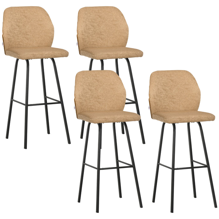 Linen-Touch Upholstered Bar Chairs Set of 4 - Comfortable Kitchen Stools with Backs and Steel Legs, Light Brown - Ideal for Dining Room and Kitchen Island Seating