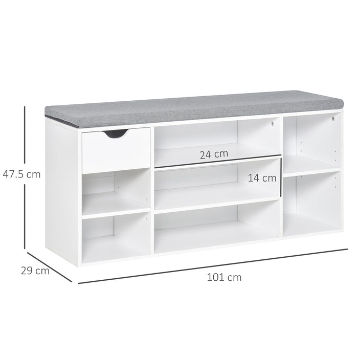 Entryway Shoe Bench with Cushioned Seat - 7-Compartment Storage Cabinet with Drawer & Adjustable Shelves, White and Grey - Ideal for Hallway & Living Room Organization