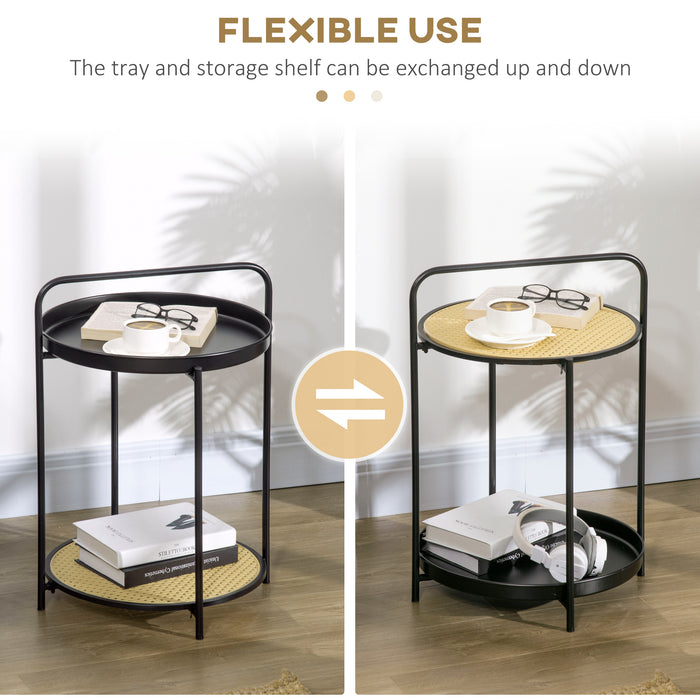 Detachable Tray Top Round Side Table - Steel Framed End Table with Plastic Rattan Shelf - Versatile Accent Furniture for Storage and Display