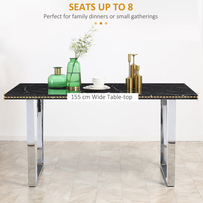 Modern Rectangular Dining Table - Marble Effect Top with Sturdy Steel Legs, Seats 6-8, 155 cm - Elegant Furniture for Contemporary Home Dining Spaces