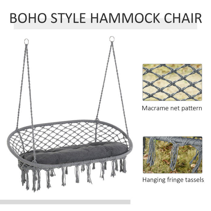 Cotton Rope Hanging Hammock Chair - Sturdy Metal Frame Porch Swing with Large Macrame Seat and Cushion - Perfect for Garden, Bedroom, Living Room Relaxation in Dark Grey