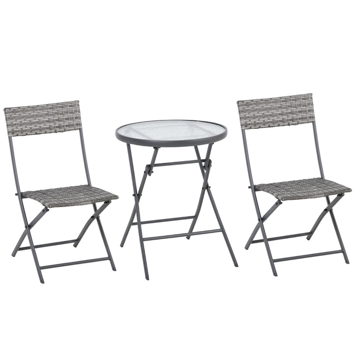 2-Seater Rattan Bistro Set - Foldable Grey Wicker Outdoor Furniture for Yard, Porch, Poolside, Lawn, Balcony - Space-Saving Conversation Ensemble