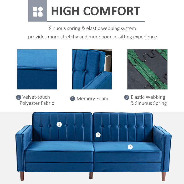 Convertible Sofa Futon with Velvet-Touch - Tufted Compact Loveseat with Adjustable Split Back in Blue - Ideal for Small Spaces & Comfy Casual Seating