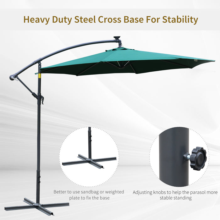 3M Cantilever Patio Banana Parasol - LED, Crank, Cross Base, Offset Hanging Design in Green - Perfect for Garden, Outdoor Table Shade & Entertainment