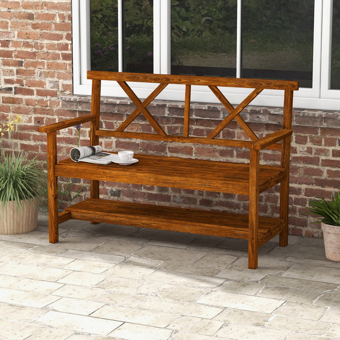 2-Seater Wooden Garden Bench with Storage - Outdoor Patio Bench with Backrest, Armrests, and Slat Seat - Carbonized Finish for Durability and Style