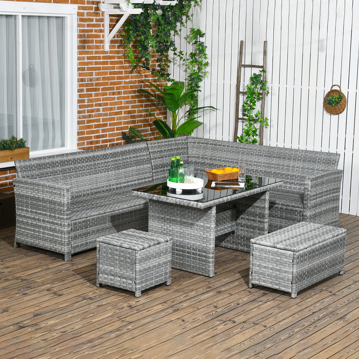 5-Piece Rattan Patio Set with Corner Sofa - Includes Footstools & Glass Coffee Table, Comfy Cushions - Ideal for Outdoor Living & Entertainment Spaces