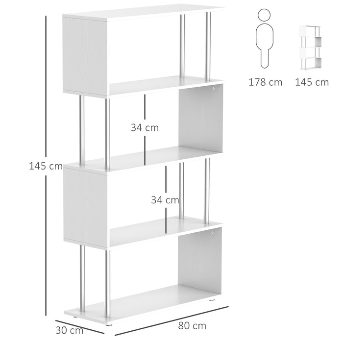 S-Shaped Wooden Bookshelf - Multi-Tier Storage Display Unit in White - Ideal for Organizing Books and Decor in Style