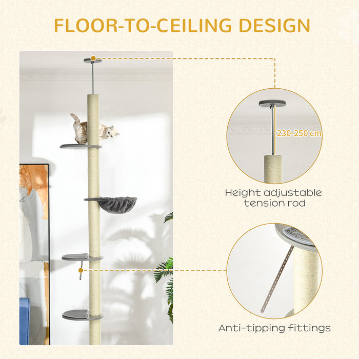 Extra-Tall 250cm Cat Tree - Floor-to-Ceiling Design with Hammock & Scratching Post - Perfect for Playful Cats and Kittens