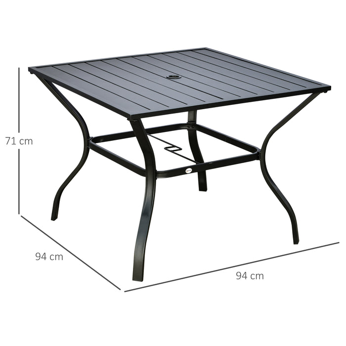 Outdoor Square Patio Dining Table with Parasol Hole - Durable Slatted Metal Plate Top for Four - Ideal for Garden and Backyard Entertaining