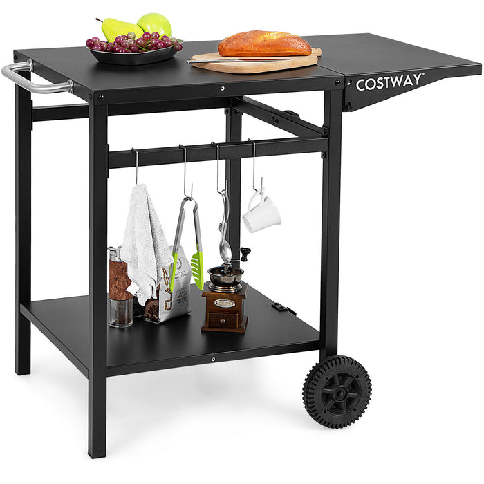 Double-Shelf Dining Cart - Folding Tabletop with 4 Additional Hooks in Black - Ideal for Expanding Kitchen Storage Space and Organization