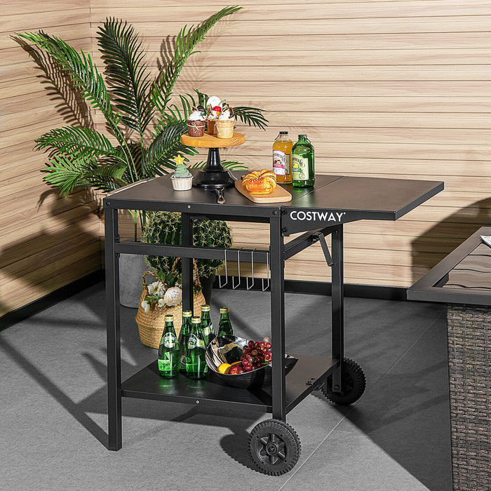 Double-Shelf Dining Cart - Folding Tabletop with 4 Additional Hooks in Black - Ideal for Expanding Kitchen Storage Space and Organization