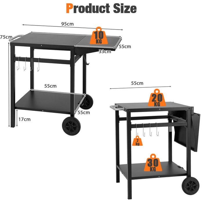 Double-Shelf Dining Cart - Folding Tabletop with 4 Additional Hooks in Black - Ideal for Expanding Kitchen Storage Space and Organization