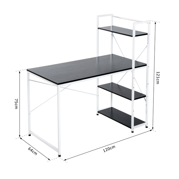 4-Tier Bookshelf Computer Desk - Sturdy Metal Frame with Wooden Top, Space-Saving PC Table for Study and Work - Ideal for Home Office Organization and Storage, Black & White Design