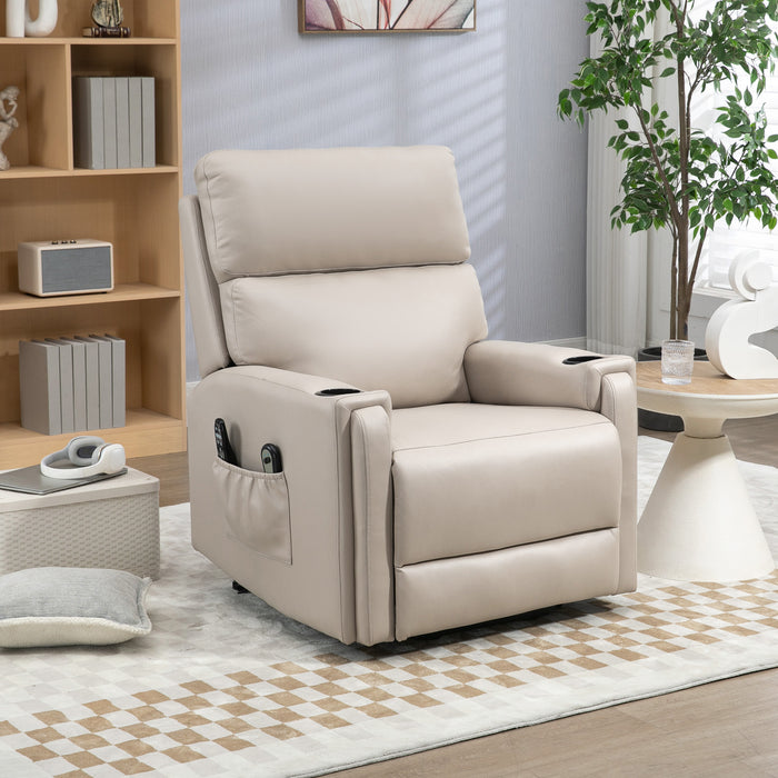 Electric Riser Recliner Chair with Massage and Heat - Vibration Massage, Cup Holders, Side Pockets in Beige - Ideal for Elderly and Individuals with Mobility Issues