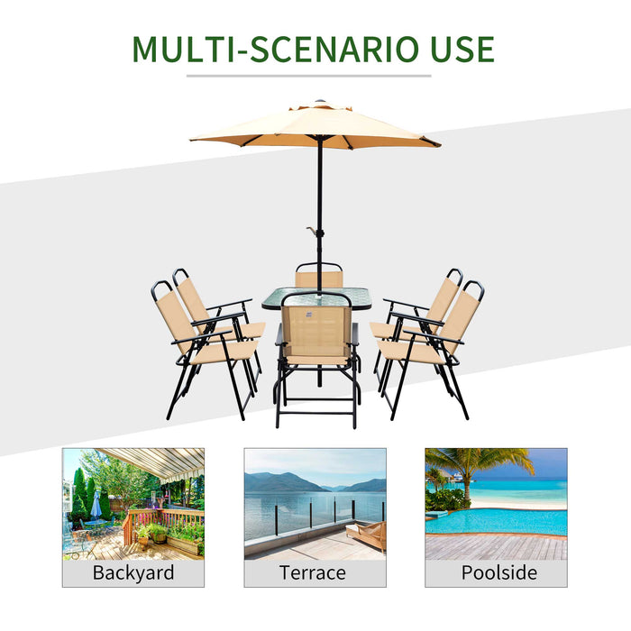 Outdoor Elegance Dining Collection - 8-Piece Textilene Patio Set with Umbrella in Beige - Ideal for Garden Parties and Family Gatherings