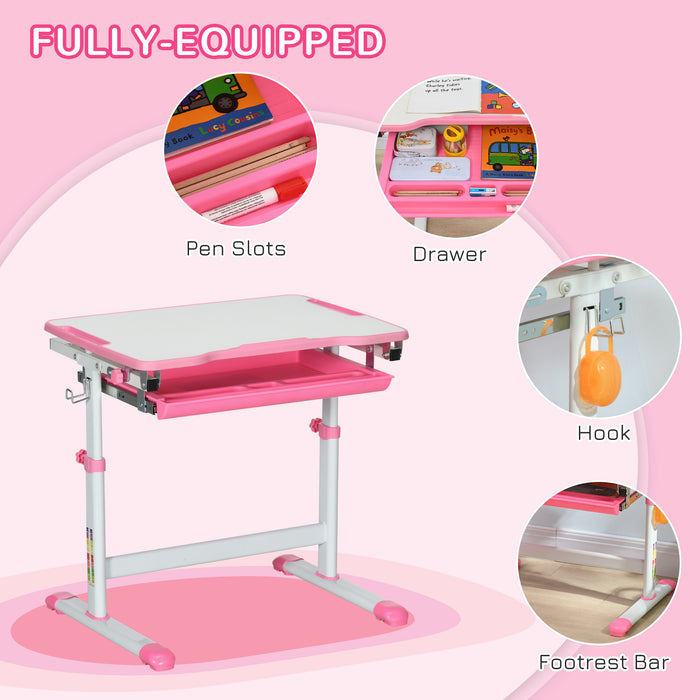 Student Adjustable Writing Desk and Chair Combo - Features Drawer, Pen Slot, and Hook Storage - Ideal for Kids' Homework and Art Projects