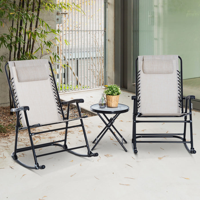 Outdoor 3-Piece Rocking Bistro Set - 2 Beige Folding Chairs & Tempered Glass Table for Patio Deck - Ideal for Garden Relaxation and Entertaining