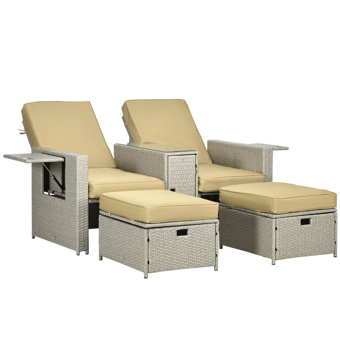 5PC PE Rattan Sun Lounger Set - Outdoor Wicker Adjustable Recliner Sofa Bed with Storage and Footstools - Perfect for Patio and Garden Relaxation in Beige