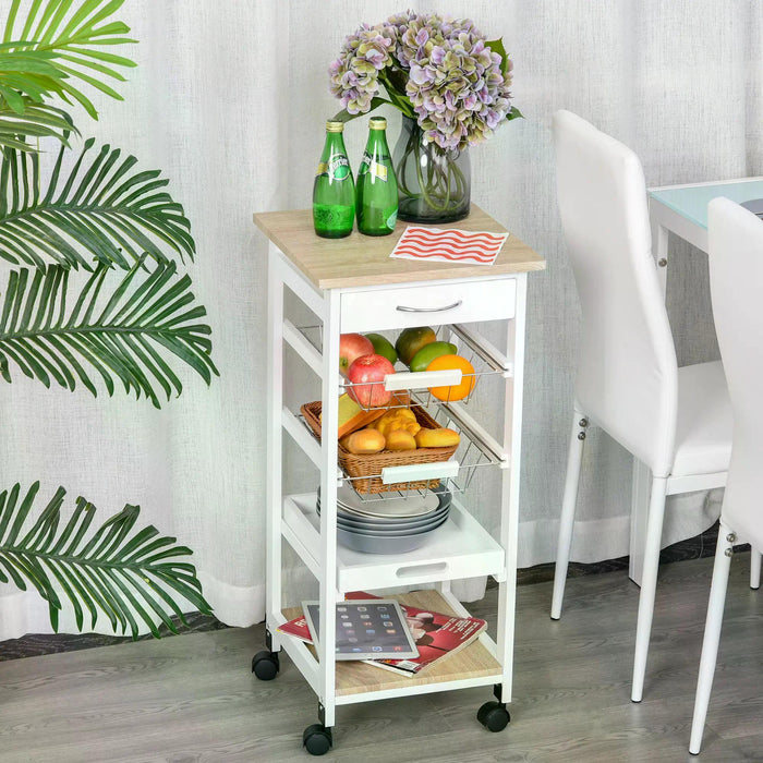 Mobile Kitchen Island Trolley with Serving Cart - Includes Drawer & Storage Basket, Elegant White Design - Ideal for Living Room Entertaining and Storage Needs